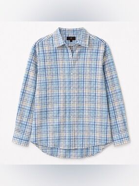 Toscano Plaid Linen Button Front Shirt Blue Tan White Men’s L resort